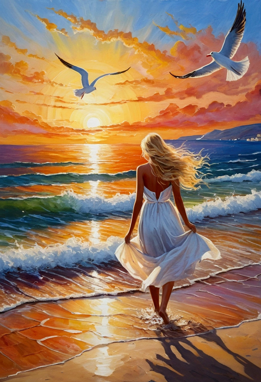 He created an image in the form of an oil painting, with strong strokes with a vivid texture of color, in the style of impressionism, an 18-year-old blonde girl, a sea fairy gracefully coming to the shore. The Sun begins at the Horizon its own course in the Sky, and bathes its form and the landscape with its light. Two seagulls fly beside her, Greece, Aegean, white houses on the beach! She is happy! Please, that the images "embrace" its form from all sides, that is, each image captures its form from a different angle! ATTENTION, thin body, normal small breasts, small and tight buttocks,