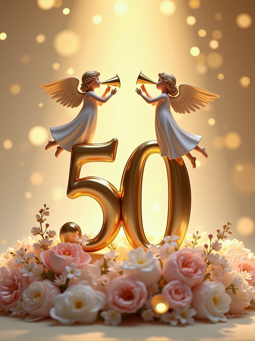 a 3d flat golden 50 with an angel on top of it with  a trumpet and another on the right side of 50 welcoming others, lying on pink and white flower bouquets with golden leaves, backdrop of glittering gold particles