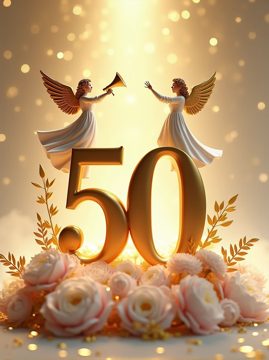 a 3d flat golden 50 with an angel on top of it with a trumpet and another on the right side of 50 welcoming others, lying on pink and white flower bouquets with golden leaves, backdrop of glittering gold particles