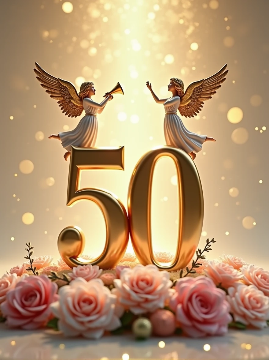 a 3d flat golden 50 with an angel on top of it with a trumpet and another on the right side of 50 welcoming others, lying on pink and white flower bouquets with golden leaves, backdrop of glittering gold particles
