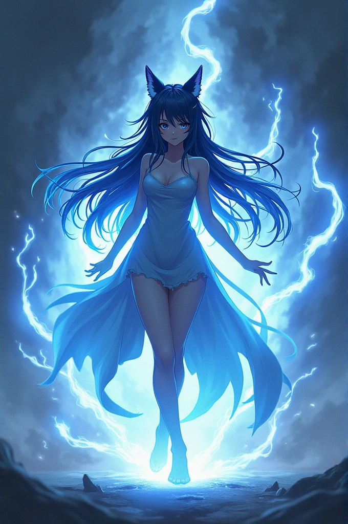 Anime female silhouette drawing with wolf ears floating and releasing mystical powers