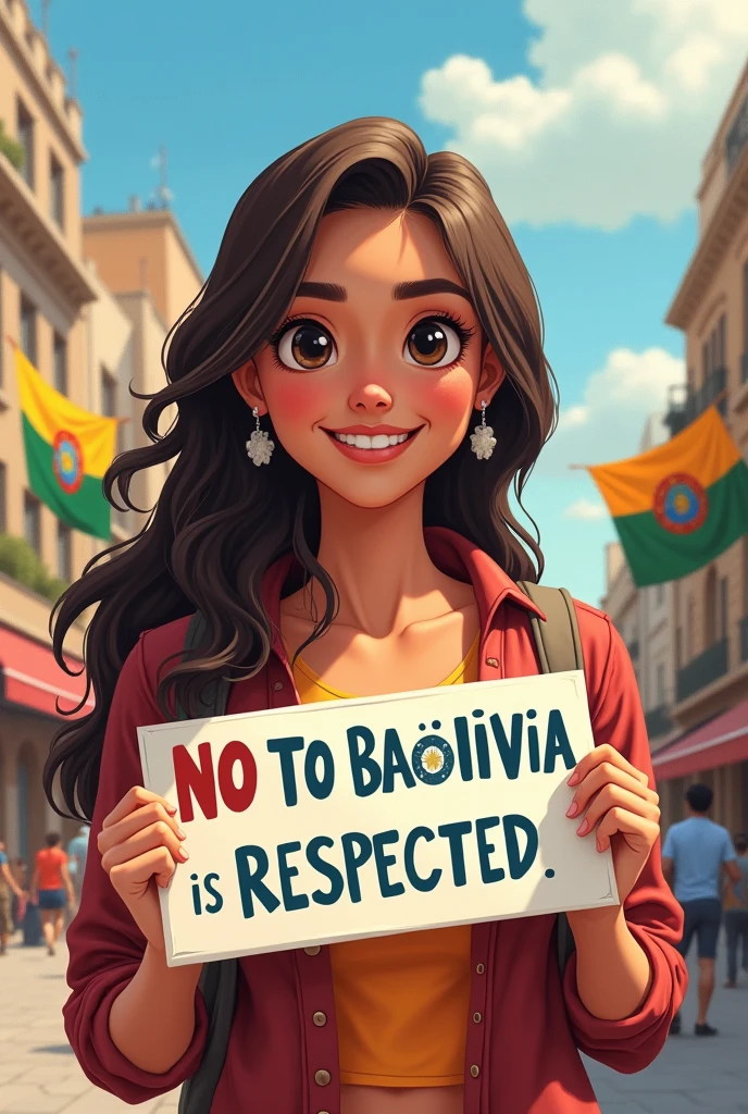 a beautiful and cute woman holding a sign "No to plagiarism, Bolivia is respected", happy, happy, animated illustration, photorealistic, with a background of a city with Bolivian flags oil painting