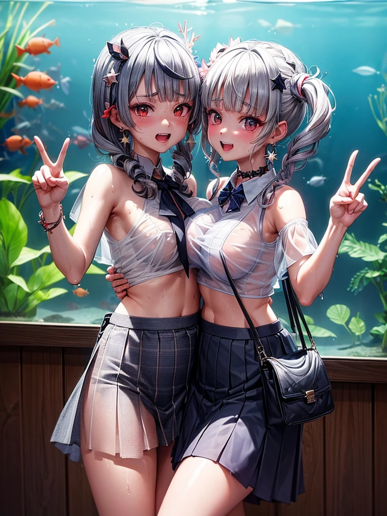 (highest quality)), ((masterpiece)), (family friendly), Perfect Face,Shiny skin,Beautiful breasts,Shiny skin、Kyoto Animation style painting、、(((Double teeth)))、Sunburned skin、night、((peace sign))
、Belly button、cyber punk、、Prone、{school uniform,Short sleeve shirt,BREAK,(Checked skirt:1.2),、(((See-through)))、(((sweat)))、(((Wet)))、(((Close Contact)))、(((aquarium)))、(((close)))、(((breast grab))),(((Young)))、(((shoulder bag)))、(((Star-shaped earrings)))、