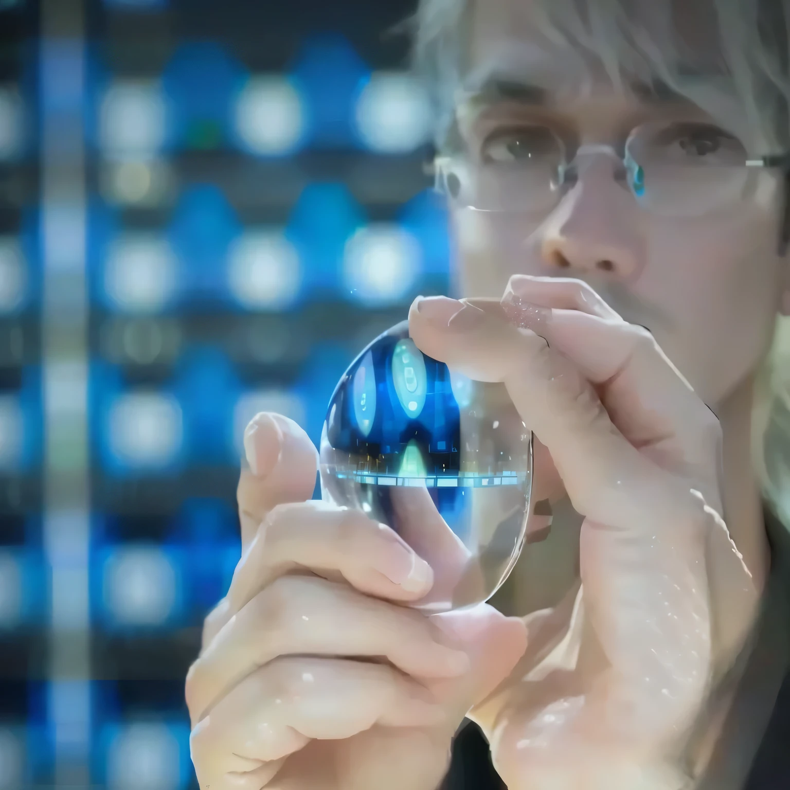 There is a man holding a pair of glasses in his hand, transparent electronics, optical lenses, holographic display lenses, spherical lens, Photolithography, organic transistors, micro lens, quantum sensor resonator, scientist, environmental photo, extremely clear and coherent, multiscopy, scientific, close-up - ver, scientific photo, by Dan Luvisi, very clear image