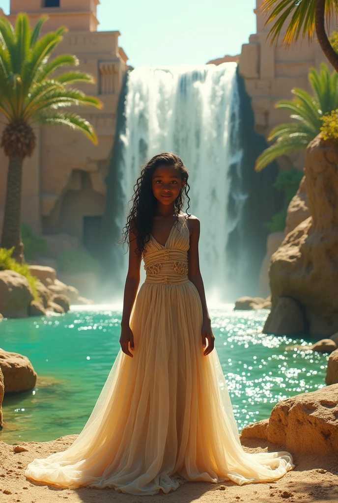 ultra-wide angle RAW photography of cute african girl on a waterfall, on background oasis in the dessert and ancient egiptian ruins, water dress liquid clothes, realistic, depth of field, epic, wallpaper, detailed, intrincate, 8k hdr, golden ratio, asymmetry, masterpiece, best quality
