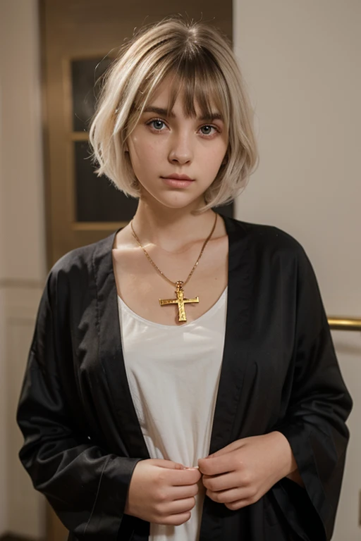 A 19-year-old girl with short white hair, bangs, and golden eyes. She wears a black cross necklace and is wearing a nun's robe. 