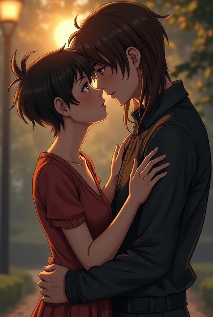 a girl with really short, dark brown hair. which is not longer than the beginning of her neck. she has a rebellious vibe. she’s kissing with a sweet boy, who has brown and very long straight hair. they are in love. she’s touching him. make it look very intimate.