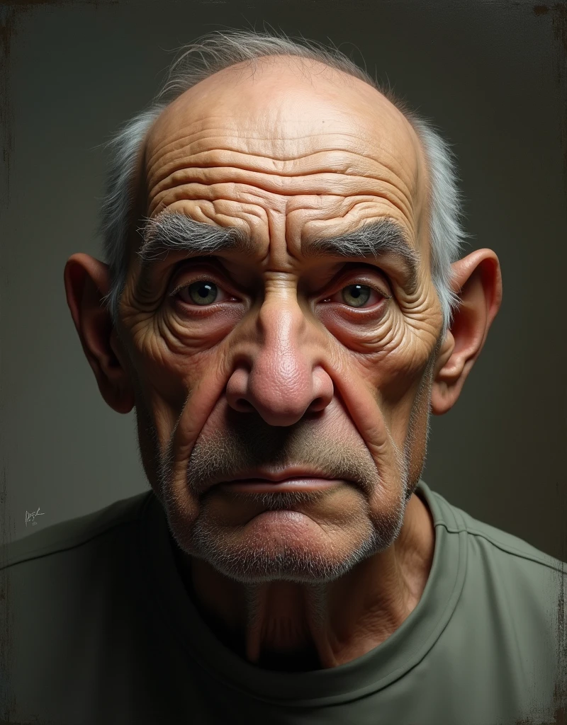 a huge fat old man, extremely detailed face with prominent wrinkles, sagging skin, bald head, wide nose, thick eyebrows, detailed eyes and lips, wearing a casual shirt, hyperrealistic, oil painting, dramatic lighting, chiaroscuro, muted color palette, masterpiece, half body