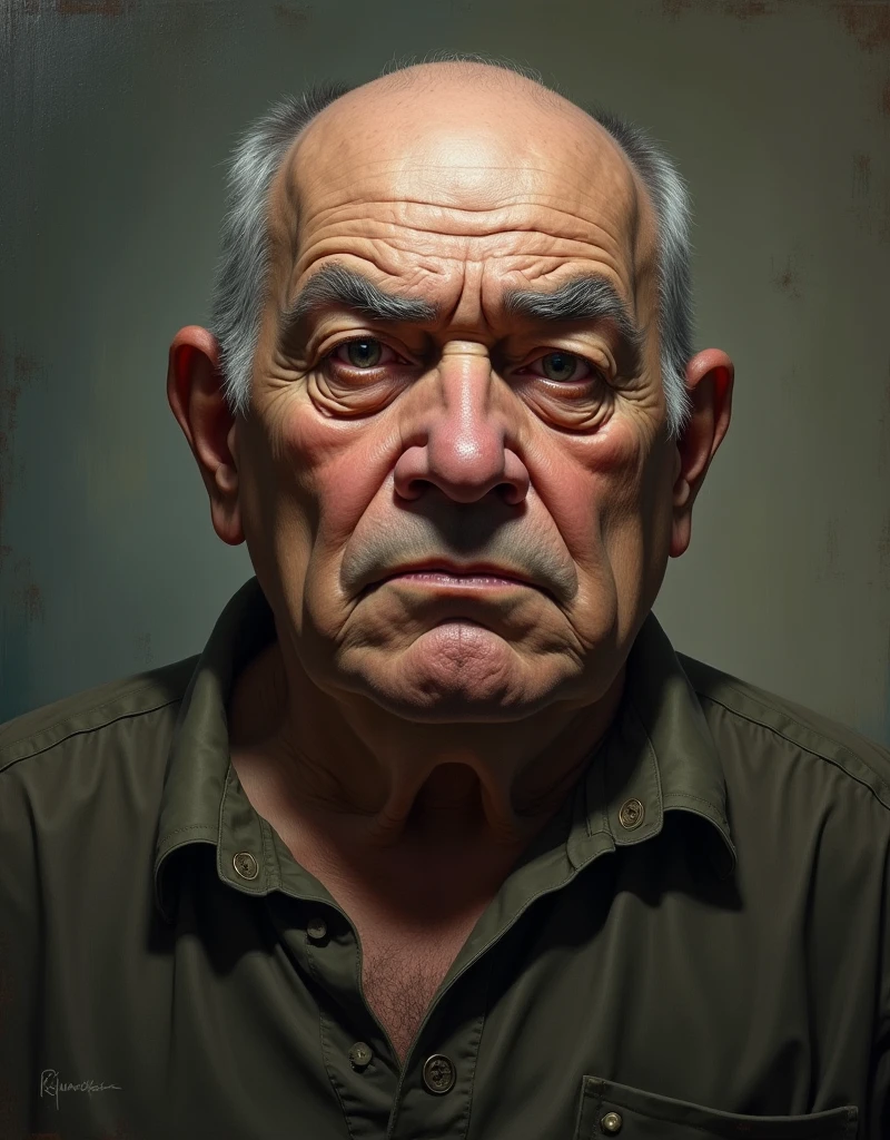 a huge fat old man, extremely detailed face with prominent wrinkles, sagging skin, bald head, wide nose, thick eyebrows, detailed eyes and lips, wearing a casual shirt, hyperrealistic, oil painting, dramatic lighting, chiaroscuro, muted color palette, masterpiece, half body