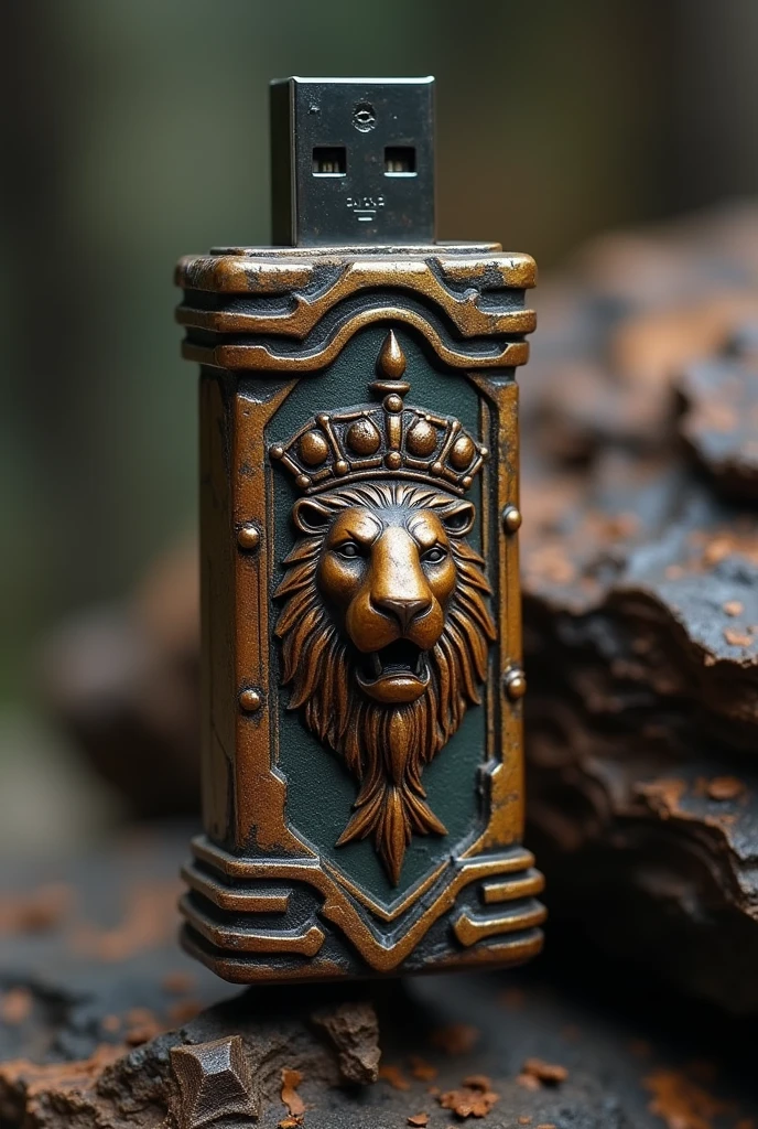 a power bank that’s the size and shape of a flash drive that looks ancient and cool and has a small craving of a lion with a crown