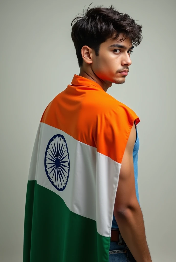 A 18 year old boy covering his back with Indian flag show front 