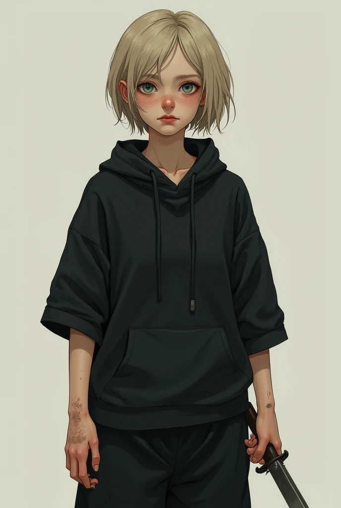 A 20-year-old girl, thin, no breasts, short lightened hair at the ends, light brown at the roots, baggy black clothes covering the whole body, a barbell in the cartilage of an industrial ear, a knife in her hands. Short stature, frowning expression, post-apocalypse. Scars on arms.