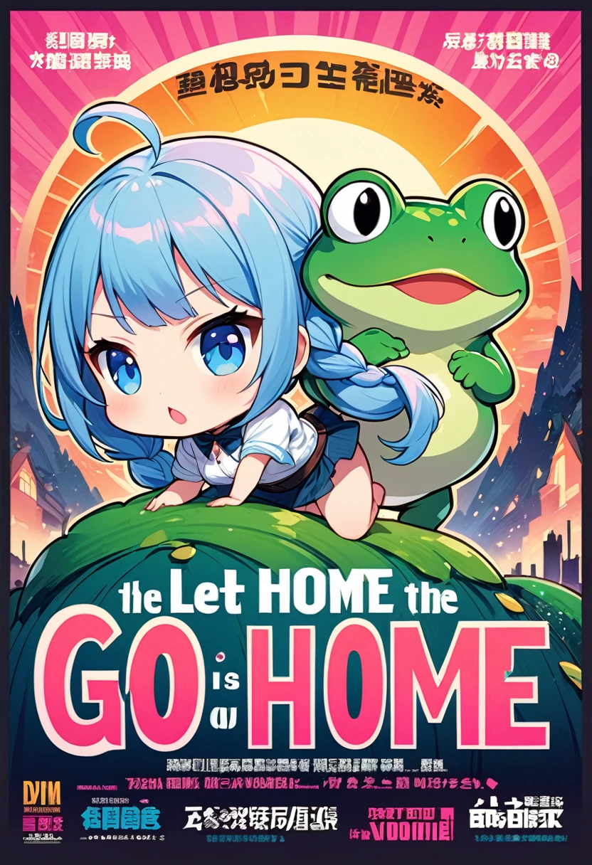 Highest quality、High resolution、Detailed Background、Beautiful face in every detail、Anatomically correct、Detailed facial expressions、fine grain、((One Girl:1.2)、((Chibi Girl:1.2)))、Bright pink hair color、Big beautiful blue eyes、Fuller lips、Pink Lips、Braided twin tails、Ahoge、(Movie poster featuring a girl fighting a giant frog:1.2)、(The movie title is"go home"、The subtitle is"Let's go home with the frog")、(The background is outer space、full moon:1.2、space shuttle)