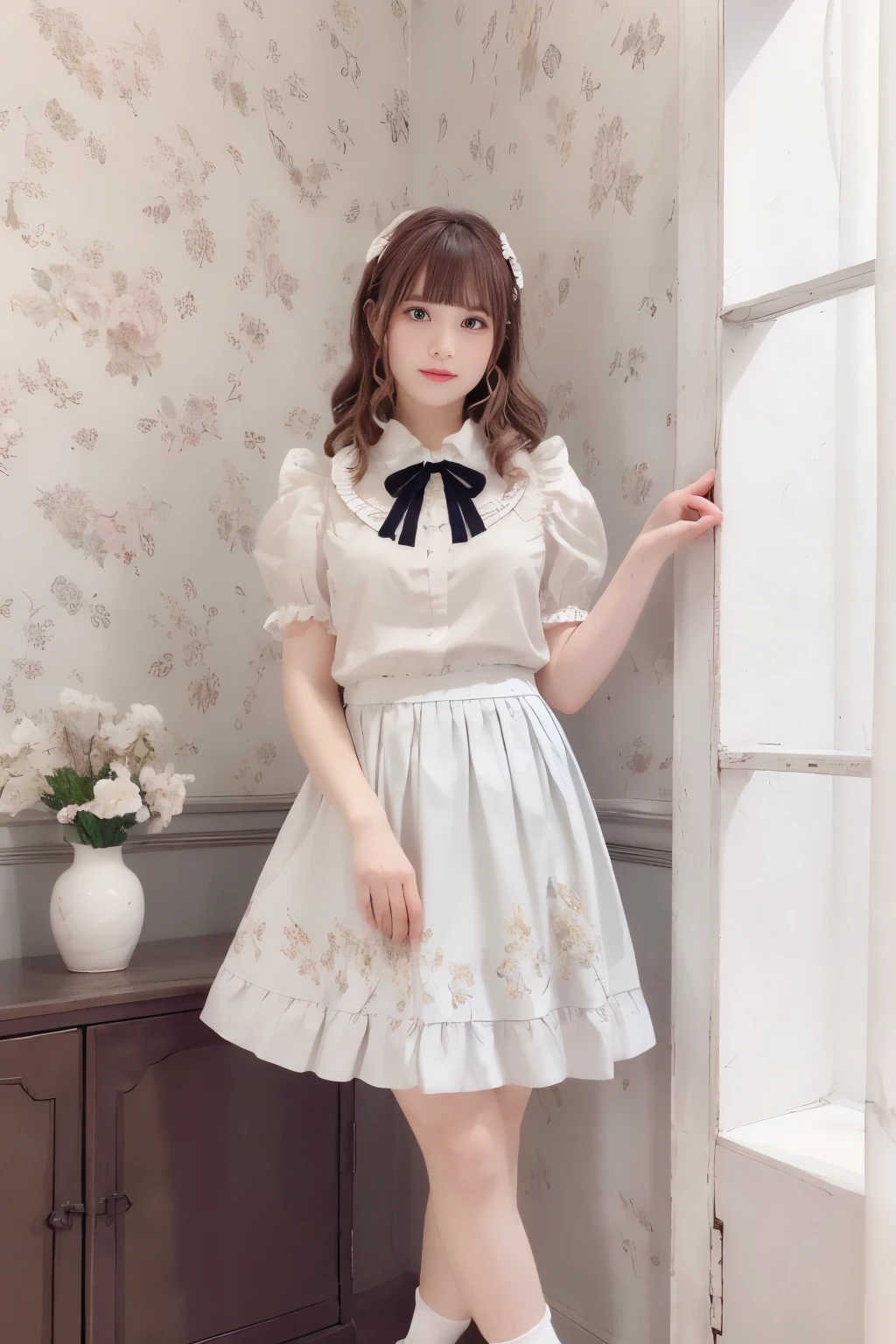 (indoor), (Window), (masterpiece), (最high quality), (Very detailedな), (Best Shadow), (photoRealistic:1.4), Frilled blouse, skirt, white ankle socks, high quality, masterpiece, Very detailedな, High resolution, 4K, 超High resolution, Detailed Shadows, Ultra-realistic, Dramatic lighting, One Girl, alone, Detailed face, Realistic eyes, Realistic Skin, Dynamic Hair, Dynamic pose, Dynamic Angle, White floral dress, White Background, Urzan-6500-v1.1, (RAW Photos:1.2), ( Realistic:1.4), Beautiful detailed girl, Very detailed eyes and face, Beautiful attention to detail, Ridiculous, incredibly Ridiculous, Large file size, Very detailedな, High resolution, Very detailed, 最high quality, (Bright interior), (Soft Light), (Low contrast), (Shallow depth of field), (portrait of a beautiful woman illuminated by gentle light), (Very delicate and elegant depiction), (Short bangs), (Hair color is dark chestnut with a slight brown tinge), (Hair with subtle and gentle waves), (Decorated with thin ribbons), ( White blouse with small frills), (bow tie), (青いロングskirt), (White short ankle socks), shape, Very detailed, CG, Unified, 8k wallpaper, wonderful, Finer details, 最high quality, Very detailed CG Unified 8k wallpaper, Face Light, Cinema Lighting,