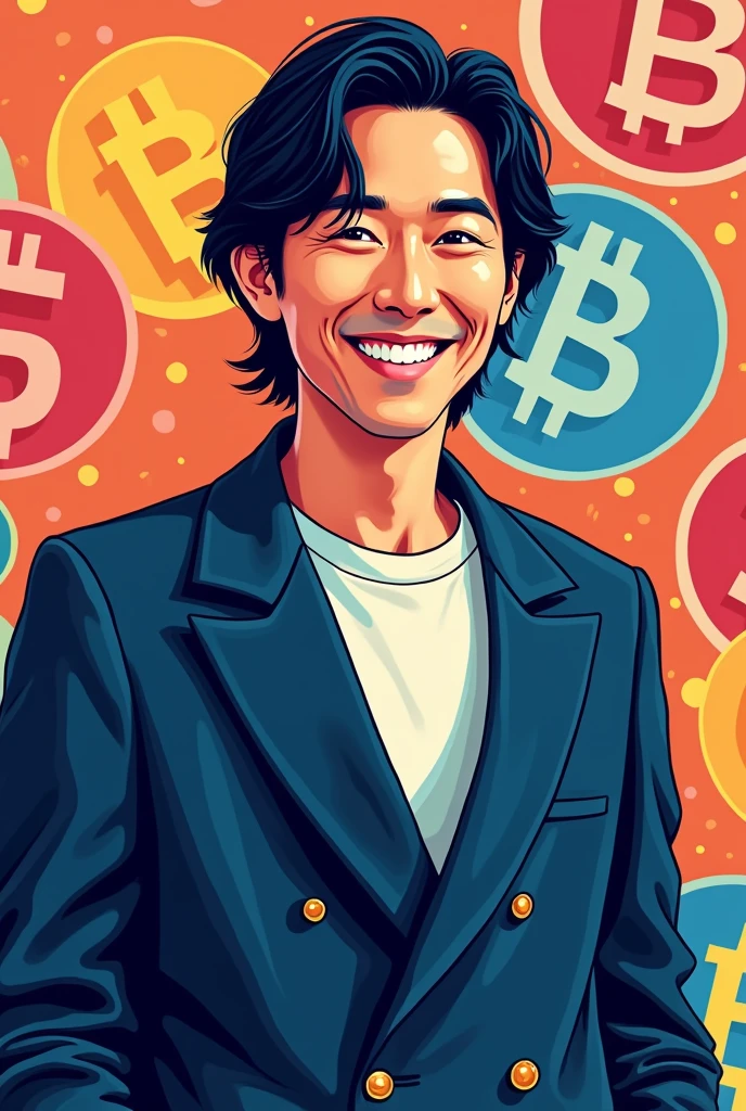 (masterpiece, Highest quality:1.1),Pop Art,Flat Color, Man in Black, A man wearing a navy blue double-breasted jacket,The jacket is buttoned,Her hair is semi-long and center-parted.,Bitcoin background, Dynamic Angle,35-year-old male,Japanese men,A white T-shirt underneath the jacket,smile,White teeth visible,