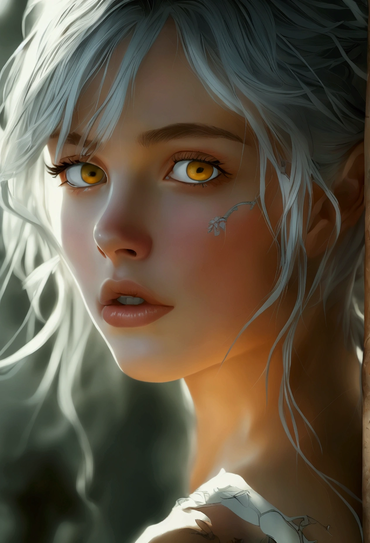 1 girl 23 old years , silver hair, amber eyes, excited, UHD, masterpiece, anatomically correct, super detail, high quality, high details, best quality, highres, HD, 16k, , in the style of Peter Jackson, Pastel, Modern, Ethereal, --c 51