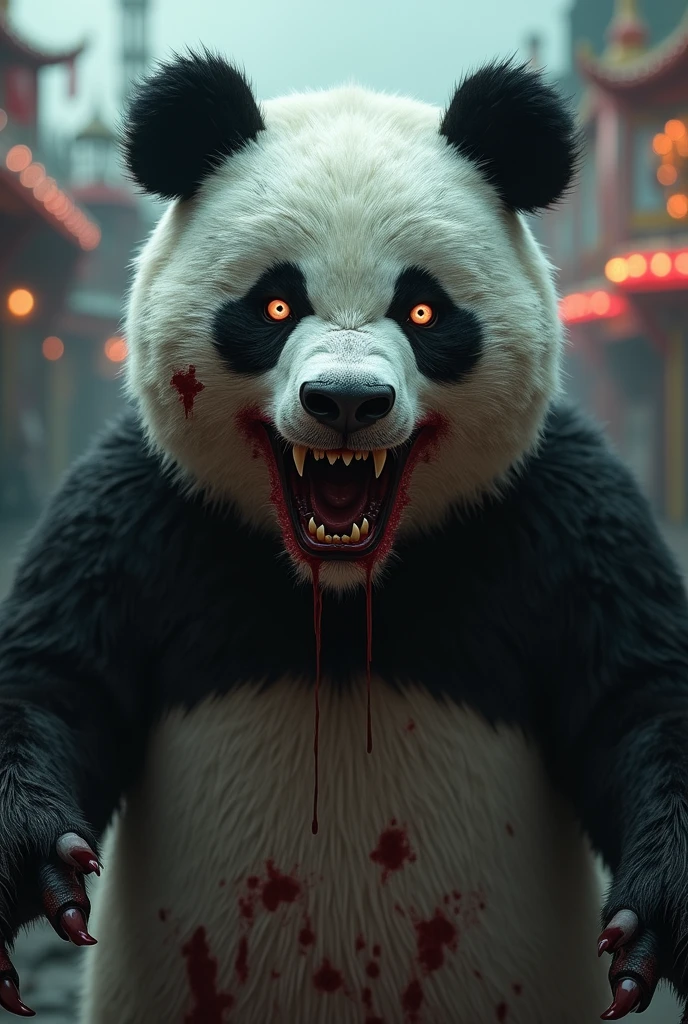 Mascotte panda qui fait peur attractions avec des tâches de sang partout autour de la bouche