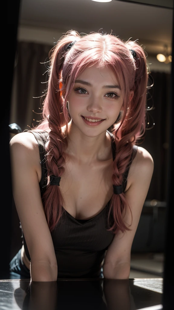 pink hair, long hair, twintails, smile, Surrealism, high detail, Romanticism, Realism, Hyperrealism, depth of field, cinematic lighting, reflection light, UHD, retina, masterpiece, accurate, anatomically correct, textured skin, super detail, high details, high quality, award winning, best quality, highres, 4K, 8k
