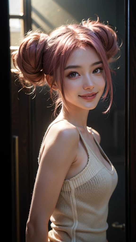 pink hair, long hair, twintails, smile, Surrealism, high detail, Romanticism, Realism, Hyperrealism, depth of field, cinematic lighting, reflection light, UHD, retina, masterpiece, accurate, anatomically correct, textured skin, super detail, high details, high quality, award winning, best quality, highres, 4K, 8k