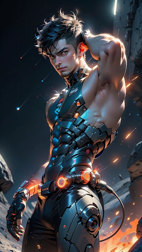 A handsome male cyborg, shining 파란색 문신, ((glowing red eyes)), Extreme instinct, Energy Man, fire, enough, Male Cyborg, 남성 muscular blue body, male bodybuilder,blue male pecs, blue skin, blue male, sexy, neon ((Blueskin body)), blue bodybuilder, masculine, ((shining)) ((glowing)),muscular man blue synthetic biomech, sacred pose, sacred, Faceless, (1 male), flat face, action shot, Cybernetic, Completely blue, (have no hair), smooth, Synthetic skin, synthetic muscle, precisely anatomy, all smooth, No license plate, (blurry face), Completely white, (No human), (male focus), armpit, masculine shape, masculine, rough, High , sexy, correct anatomy, almost naked, Only,Blue humanoid, white electricity coming through cracks, muscular man,((((blue body, blue face, completely blue skin, completely see-through body and skin,translucent skin))))
((Fantastic bridge ancient:1.5, Built of dark stone, shining 파란색:1.5)),((별이 shining 하늘,unknown constellation)),(night, Koyo,Mystery),((Dark tone of background)),((broken earth,Asteroid field:1.5)),(Jagged dark rock boulders and debris rise into the air..:1.3),Extraterrestrial sight,dark asteroid belt,surrounded by several dark asteroids glowing with fiery auras, 광활하고 Mystery로운 우주,Space Landscape,Mystery한 행성,sight:1.25,((convoluted sight)),(black background, The star that doesn't shine, A sense of spaciousness),
(Glossy antique ornaments),mackerel,sharp focus,(very detailed,very detailed),(realistic work:1.37),(very detailed CG unity 8k wallpaper),(((vivid colors,vivid theme))),(convoluted),(masterpiece),(best quality),artistic photo,(Photos taken by sldr),(convoluted background),((convoluted detail)),(((realism))),