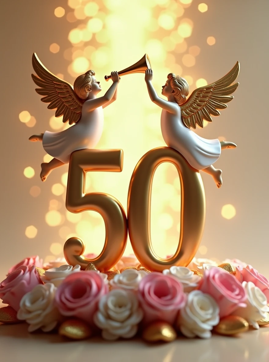 a 3d flat golden 50 with an angel on top of it with  a trumpet and another on the right side of 50 welcoming others, lying on pink and white flower bouquets with golden leaves, backdrop of glittering gold particles