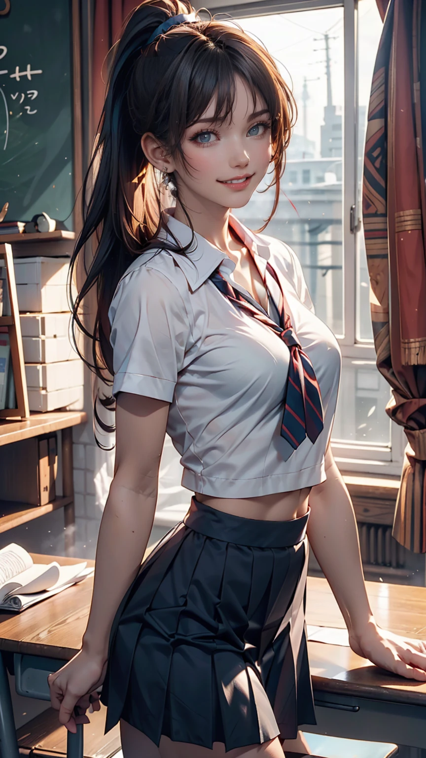 ((masterpiece)), (8k, expensive_solve), (clear_image), (Highest quality), (sunlight, Face reflected in the light), (Face reflected in the light:1.1), (meitantei conan (style), Detective Conan (style), meitantei conan), alone, Beautiful eyes and fine face, ((One girl, alone)), Medium chest, Wide Hips, (Abdominal muscles:0.8), ((school uniform)), (ponytail), (blush, Happy, Happy smile, Laughter),