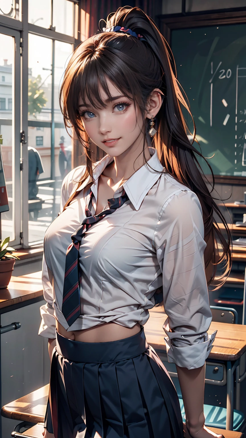 ((masterpiece)), (8k, expensive_solve), (clear_image), (Highest quality), (sunlight, Face reflected in the light), (Face reflected in the light:1.1), (meitantei conan (style), Detective Conan (style), meitantei conan), alone, Beautiful eyes and fine face, ((One girl, alone)), Medium chest, Wide Hips, (Abdominal muscles:0.8), ((school uniform)), (ponytail), (blush, Happy, Happy smile, Laughter),