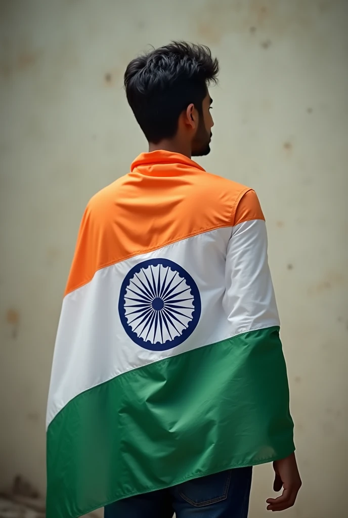 A 18 year old boy covering his back with Indian flag show front