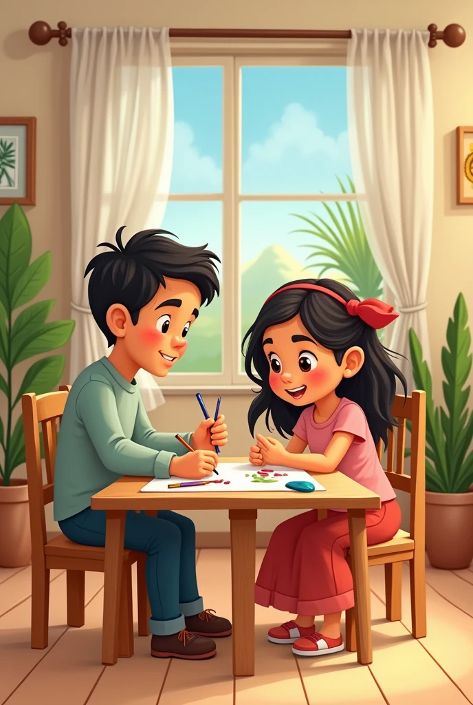 Make a Colombian family, cartoon(table, mama, son and daughter)