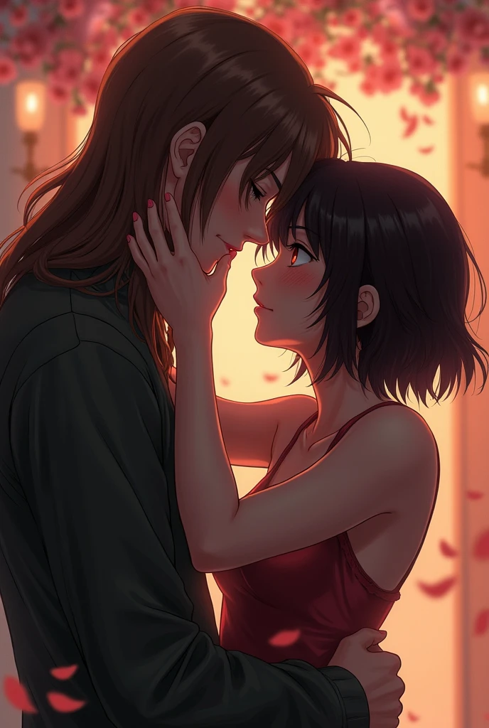 a girl with really short, dark brown hair. which is not longer than the beginning of her neck. she has a rebellious vibe. she’s kissing with a sweet boy, who has brown and very long straight hair. they are in love. she’s touching him. make it look very intimate.