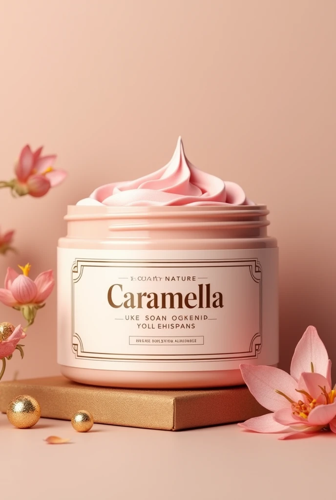 Étiquettes Produits pour un savon en pot de couleur rose qui a pour nom Caramella, un produit de la marque BOME SKIN NATURE 
Couleur principale beige et secondaire dore
