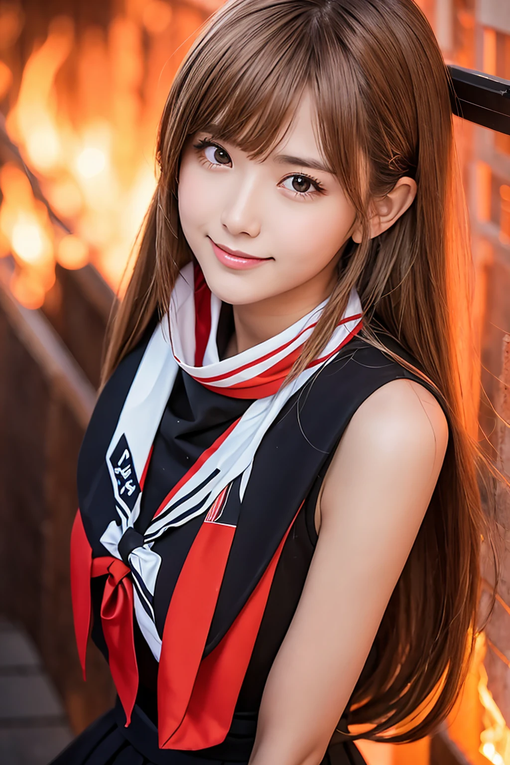 high quality, 8k, 4K, High Contrast, masterpiece:1.2, 最high quality, Best aesthetics), 1 Female, (Real skin texture:1.3), (Film Grain:1.3), (Selfie angle, High angle), One girl, Beautiful and detailed eyes and face, 最high quality, close, cowboy shotbeautiful detailed hair, beautiful detailed face, beautiful detailed eyes, beautiful clavicle, beautiful body, beautiful chest, beautiful thigh, beautiful legs, beautiful fingers, looking at viewer,best quality, masterpiece, highres, solo, {yuudachi_kantaicollection:1.15}, wolfcut_hair, blonde_hair, ribbon, hair_ribbon, hair_flaps, hair_ornament, red_eyes, hairclip, black_ribbon, smile, blush, serafuku, breasts, 1girl, black_serafuku, looking_at_viewer, neckerchief, red_neckerchief, scarf, black school_uniform, Fire CITY_background, cowboy shot(middle bust)