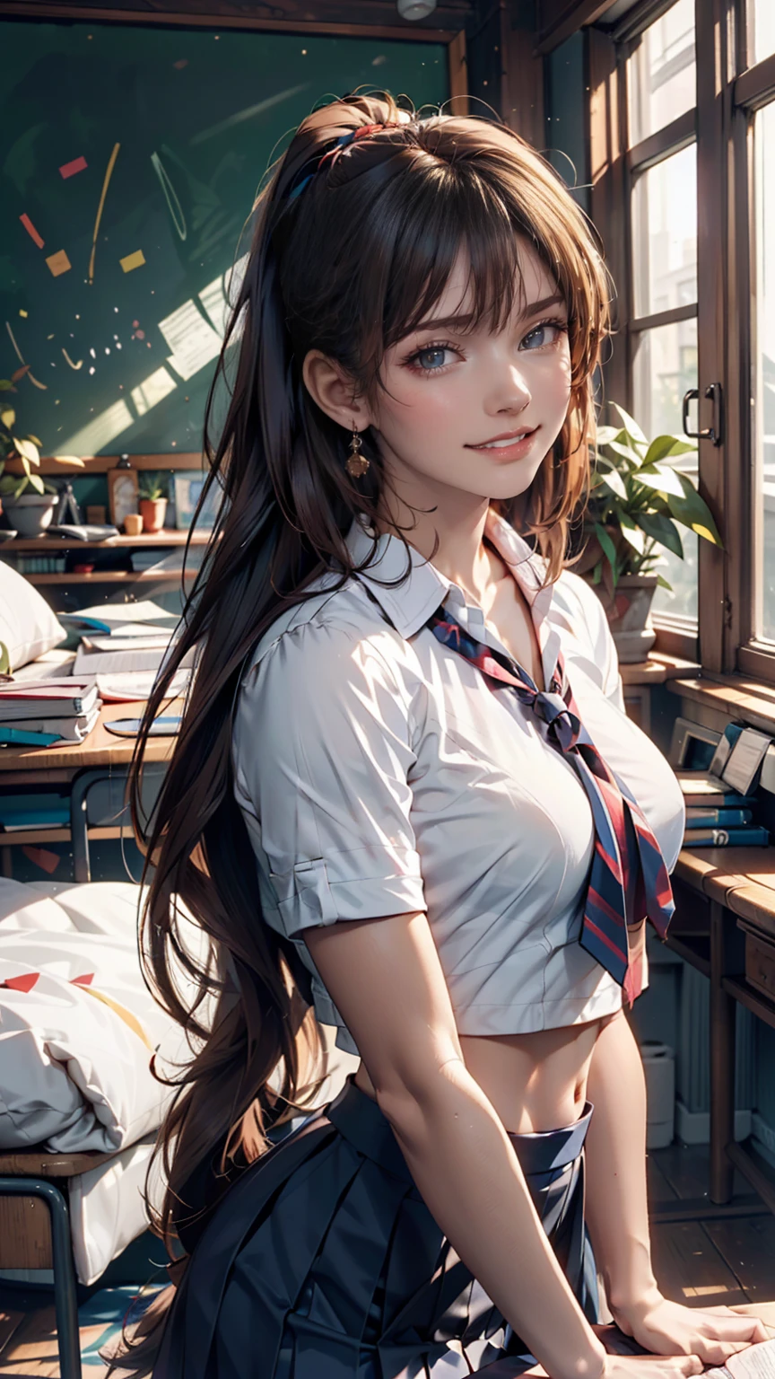 ((masterpiece)), (8k, expensive_solve), (clear_image), (Highest quality), (sunlight, Face reflected in the light), (Face reflected in the light:1.1), (meitantei conan (style), Detective Conan (style), meitantei conan), alone, Beautiful eyes and fine face, ((One girl, alone)), Medium chest, Wide Hips, (Abdominal muscles:0.8), ((school uniform)), (ponytail), (blush, Happy, Happy smile, Laughter),
