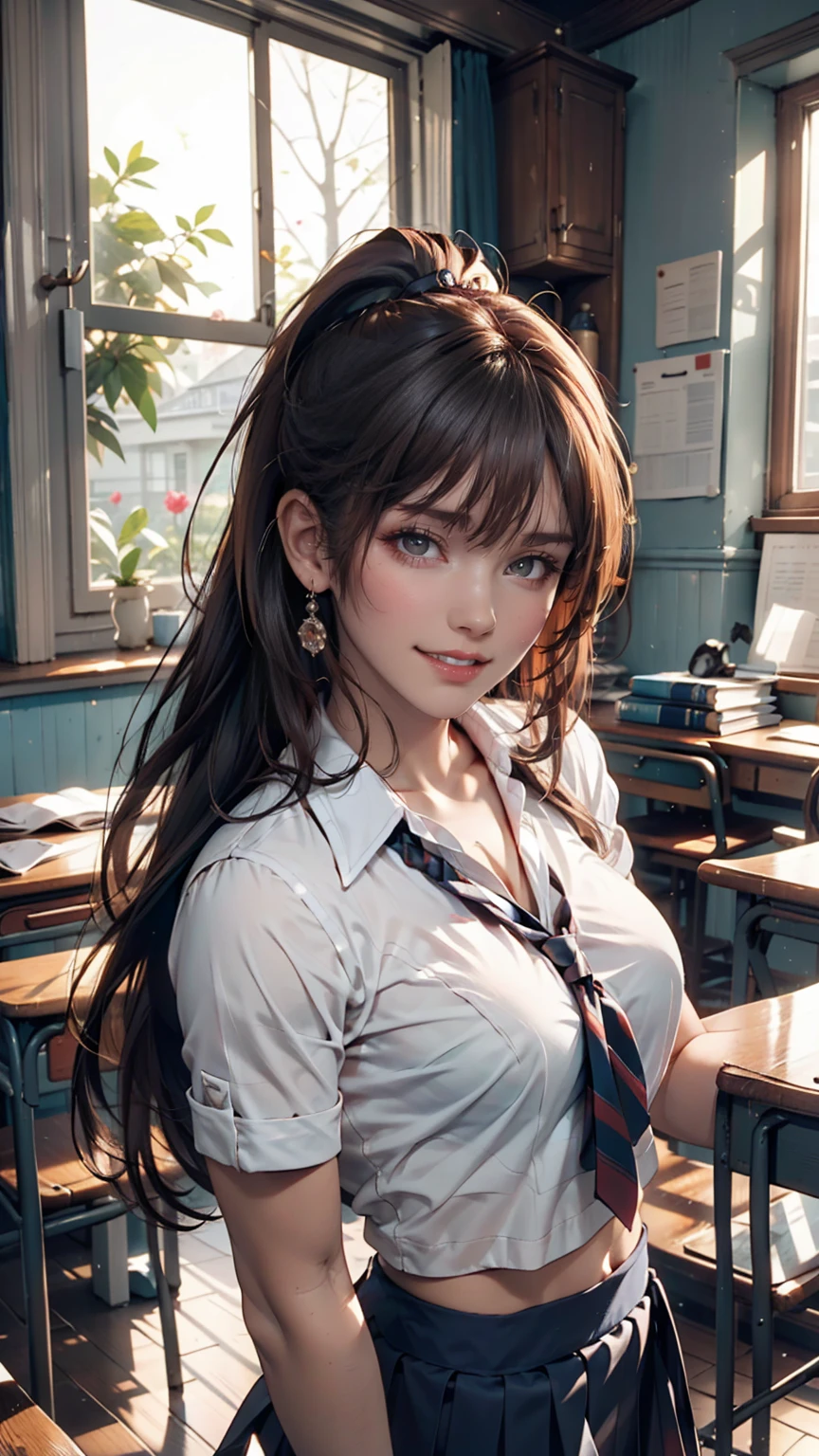 ((masterpiece)), (8k, expensive_solve), (clear_image), (Highest quality), (sunlight, Face reflected in the light), (Face reflected in the light:1.1), (meitantei conan (style), Detective Conan (style), meitantei conan), alone, Beautiful eyes and fine face, ((One girl, alone)), Medium chest, Wide Hips, (Abdominal muscles:0.8), ((school uniform)), (ponytail), (blush, Happy, Happy smile, Laughter),