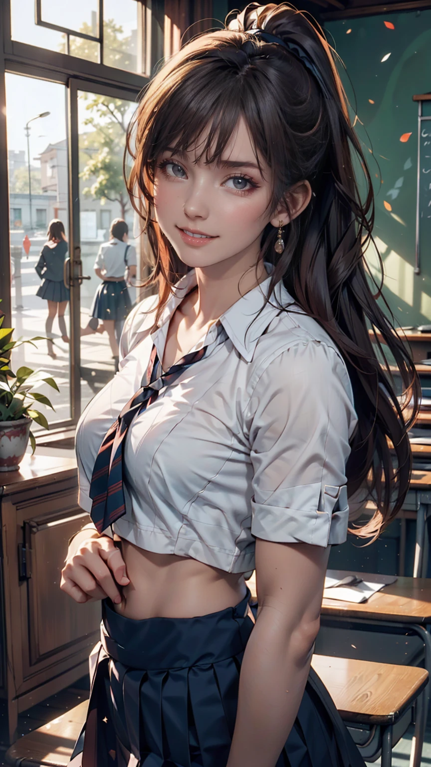 ((masterpiece)), (8k, expensive_solve), (clear_image), (Highest quality), (sunlight, Face reflected in the light), (Face reflected in the light:1.1), (meitantei conan (style), Detective Conan (style), meitantei conan), alone, Beautiful eyes and fine face, ((One girl, alone)), Medium chest, Wide Hips, (Abdominal muscles:0.8), ((school uniform)), (ponytail), (blush, Happy, Happy smile, Laughter), 