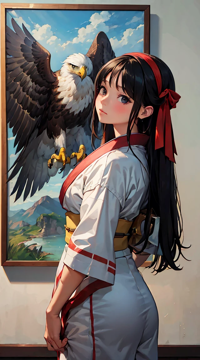 1 girl in,photos of women, Tie a large red ribbon to the back of your head,with a big eagle、a beautiful painting、high qualiy,best qualityer, in 8K、kimono, Wear pants,In the wilderness,color leaves