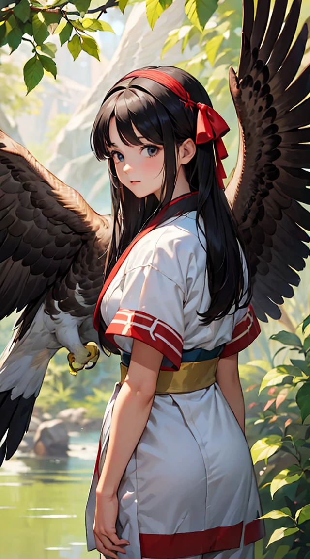 1 girl in,photos of women, Tie a large red ribbon to the back of your head,with a big eagle、a beautiful painting、high qualiy,best qualityer, in 8K、kimono, Wear pants,In the wilderness,color leaves