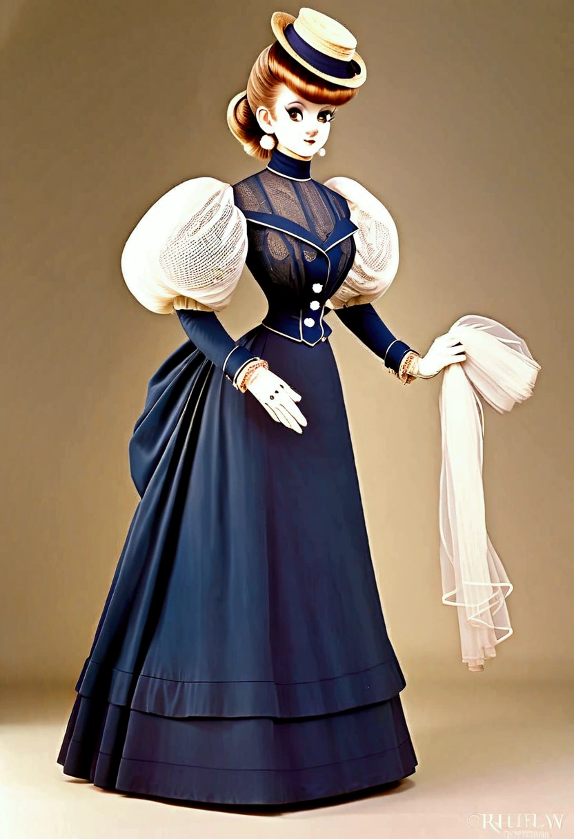 Year 1898. Humanized Minnie Mouse as a pretty, flirty 12yo girl. 1890s fashion. Victorian high-collar navy blue dress with (((long puff sleeves cuffed into wrist-high white silk gloves. )))Powder blue sash cinched around her waist. Navy blue ankle skirt. (((Pink straw boater hat with a stuffed white bird held on top and a veil in the front))). Long brunette hair (((tied into a bun enclosed in a net))). Wasp waist. (((Bubble butt sticking out))). Petticoats. Thigh-high silk stockings. High-waisted open bloomers. (((White high-heel button boots:1.2))). 10s fashion. Victorian park setting
