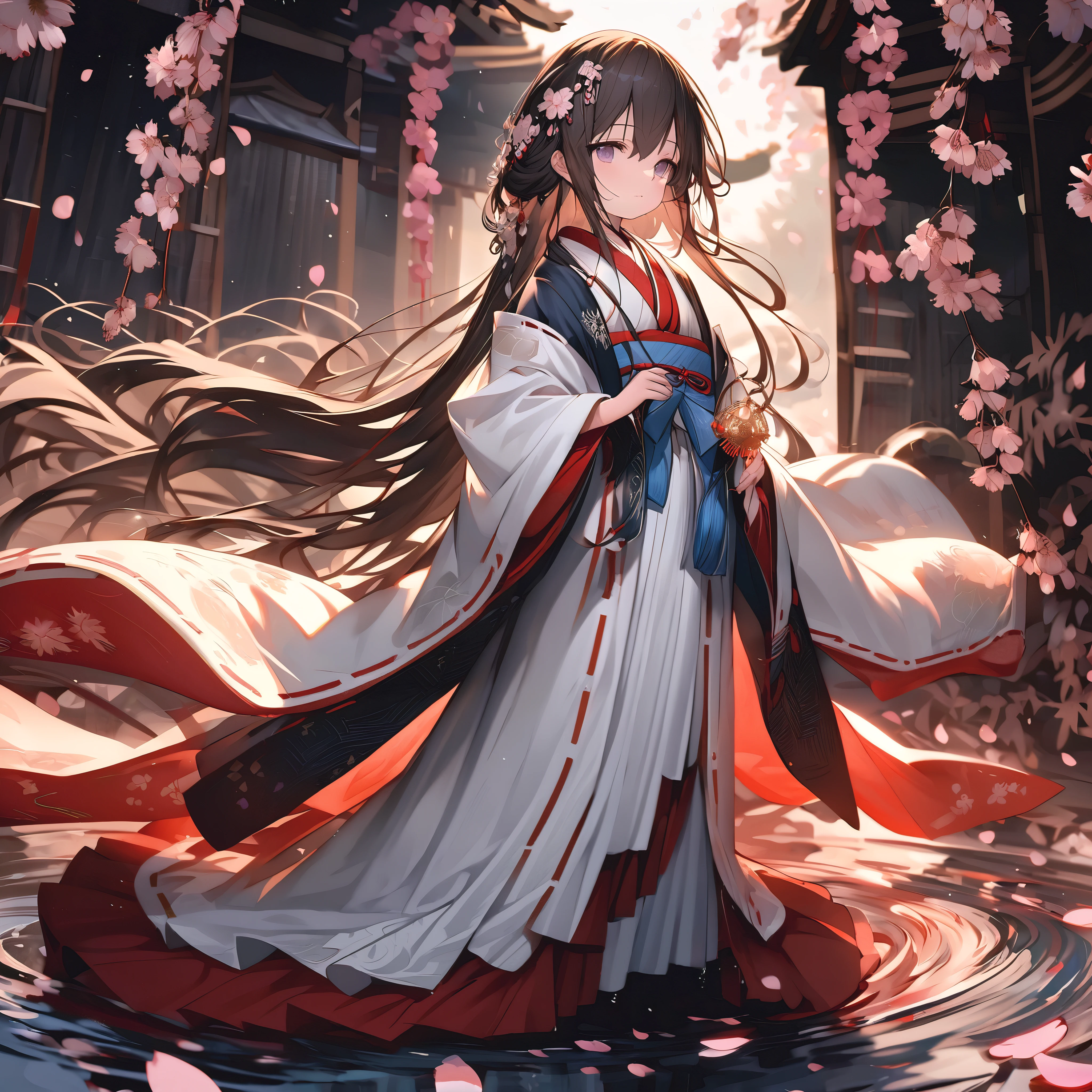 (full body), (solo), (A 7-year-old girl:1.2), (very young little girl), loli, (Solo), (small breast), (wide angle), raw photo, Aesthetic, Convoluted, Awarded, chiaroscuro, Best Quality, Detailed background, (Misty atmosphere:1.2), (hard rainy day:1.1),((Girl in very long shrine maiden:1.2)), detailxl, In the throes of a tempestuous night, the rain falls in torrents, painting the world in shades of silver and darkness. Amidst the deluge, a young girl appears, a figure of enchantment, her silhouette a stark contrast to the storm's fury. She is adorned in a Japanese shrine maiden costume, a miko-zukuri, that is an opulent display of elegance and tradition.
The miko-zukuri is a vision of grandeur, with the haori, an outer garment, extending its hem to the ground, flowing like a river of pristine white silk. The fabric is of the highest quality, its texture smooth and supple, caressing the contours of her form as she moves with the grace of a willow in the wind. The haori is embroidered with delicate motifs of cherry blossoms and chrysanthemums, symbols of spring and autumn, respectively, their petals intricately stitched with threads that glimmer with the subtlest hint of mother-of-pearl.
The hakama, a traditional skirt, is elongated to match the haori, its hem sweeping the ground with each step, creating a sound akin to rustling leaves. The hakama is a deep, rich crimson, the color of a heart's passion, and it is adorned with a brocade pattern that is a dance of light and shadow, the threads shimmering with a metallic sheen that catches the fleeting flashes of lightning.
Her hair is styled in a traditional manner, with a long, flowing braid that cascades down her back, secured with a white ribbon that is embroidered with delicate cherry blossoms. The ribbon flutters with each movement, a dance of its own, adding to the overall elegance of her appearance.
Around her waist, she wears an obi, a wide sash that is a tapestry of colors and patterns, its design