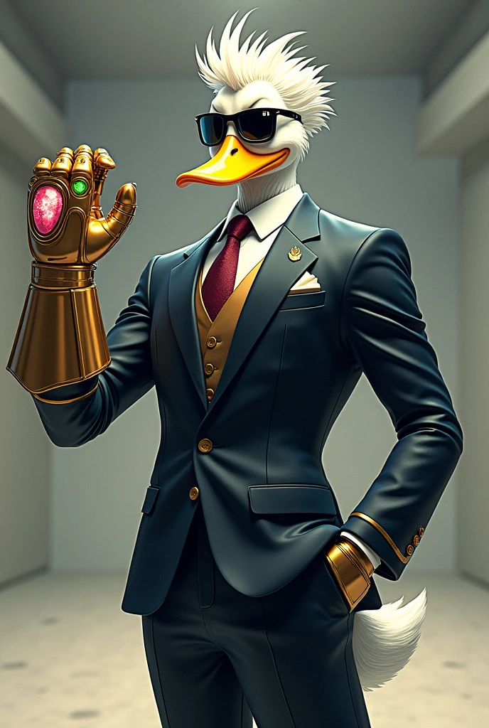 Create a man who is a duck with a suit an infinity gauntlet, white hair like gojo from jjk and Sunglasses