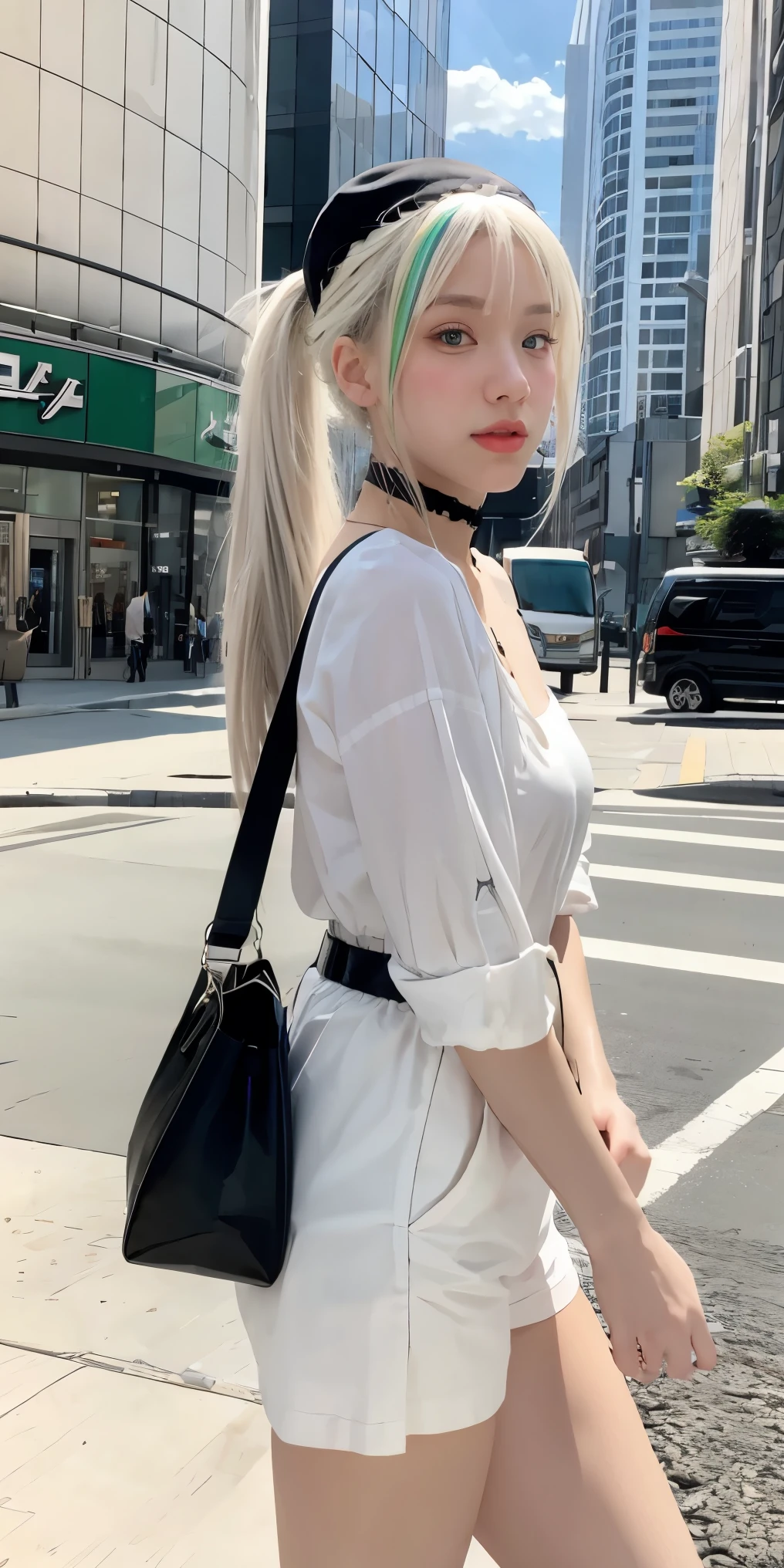 masterpiece , best quality,nahida(genshin impact), 1girl , white shirt:1.5 ,side ponytail ,white hair ,multicolored hair, green eyes,casual outfit , hat , black choker, bag , green hair,busy road , city life