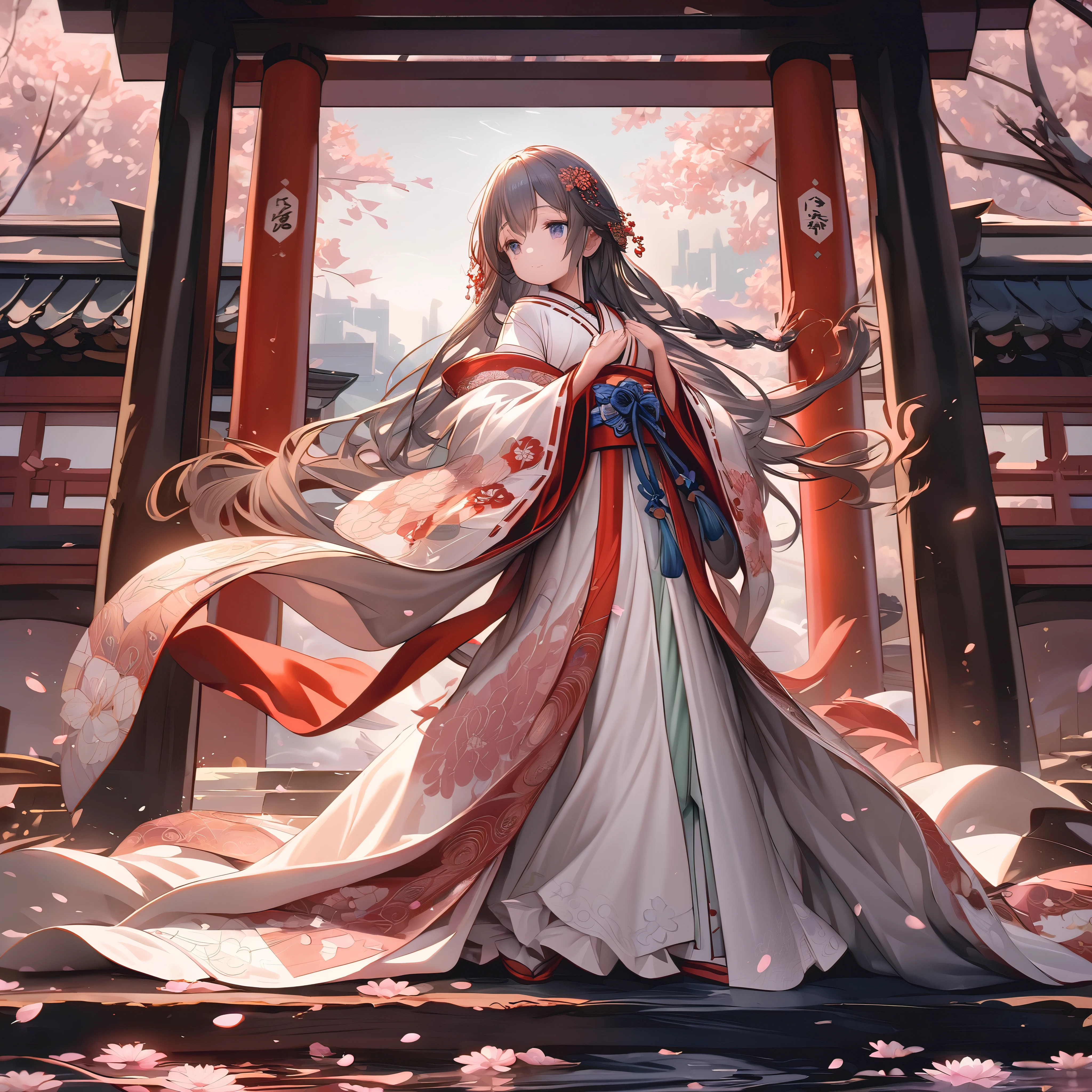 (full body), (solo), (A 7--old l:1.2), (very yo, (Solo), (small breast), (wide angle), raw photo, Aesthetic, Convoluted, Awarded, chiaroscuro, Best Quality, Detailed background, (Misty atmosphere:1.2), (hard rainy day:1.1),((Girl in very long shrine maiden:1.2)), detailxl, In the throes of a tempestuous night, the rain falls in torrents, painting the world in shades of silver and darkness. Amidst the deluge, a young girl appears, a figure of enchantment, her silhouette a stark contrast to the storm's fury. She is adorned in a Japanese shrine maiden costume, a miko-zukuri, that is an opulent display of elegance and tradition.
The miko-zukuri is a vision of grandeur, with the haori, an outer garment, extending its hem to the ground, flowing like a river of pristine white silk. The fabric is of the highest quality, its texture smooth and supple, caressing the contours of her form as she moves with the grace of a willow in the wind. The haori is embroidered with delicate motifs of cherry blossoms and chrysanthemums, symbols of spring and autumn, respectively, their petals intricately stitched with threads that glimmer with the subtlest hint of mother-of-pearl.
The hakama, a traditional skirt, is elongated to match the haori, its hem sweeping the ground with each step, creating a sound akin to rustling leaves. The hakama is a deep, rich crimson, the color of a heart's passion, and it is adorned with a brocade pattern that is a dance of light and shadow, the threads shimmering with a metallic sheen that catches the fleeting flashes of lightning.
Her hair is styled in a traditional manner, with a long, flowing braid that cascades down her back, secured with a white ribbon that is embroidered with delicate cherry blossoms. The ribbon flutters with each movement, a dance of its own, adding to the overall elegance of her appearance.
Around her waist, she wears an obi, a wide sash that is a tapestry of colors and patterns, its design