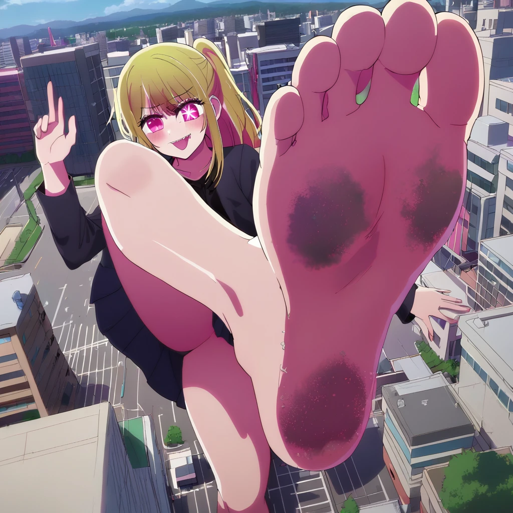 1 girl, oshi no ko, ruby hoshino, stepping, stepped on, pov, angle from above, no shoes, feet, looking down, toes, one, leg lift, foot focus, barefoot, standing on one leg,  depth of field, outdoors,( foreshortening:1.2), facial blur, blurry face, building, city, sky, cloud, giantess, mega size, masterpiece, best quality, absurdres, ultra detailed, confident look, rampage, (smirk:0.6) blonde, 6 pointed star pupil on right eye, five toes, detailed star pupil, full body shown, stinky feet, extremely dirty feet, detailed dirty feet, detailed full body, crushing a city with bare foot, a panel of her laughing at the side, 5 toes only, high quality, not out of frame, detailed eyes, the shape of a perfect foot, the shape of perfect legs, perfect body shape, 5 finger, ultra detailed feet, foot fetish, divine, only 5 toes each foot