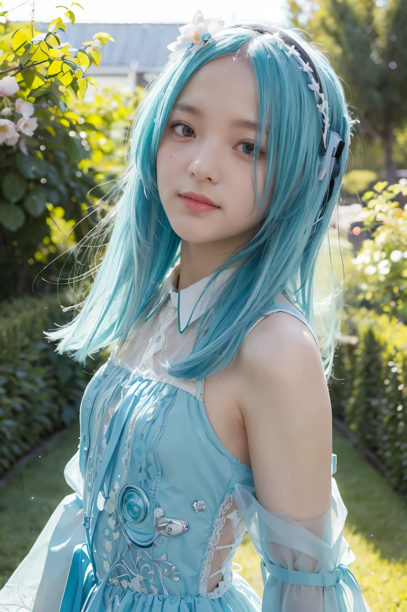 (masterpiece, best quality:1.4), high detail, detailed background,dramatic lighting, 1girl, cute, (vocaloid), ((Hatsune Miku)), ((blue teal hair)), (long hair), (pastel colors:0.9), (blue beautiful eyes), (gradient hair), (gradient eyes), (((masterpiece, best quality, volumetric lighting, dynamic pose, intricately detailed face))), ((perfect eyes)), (((looking at the viewer))), ((summer)), ((perfect details)), ((light particles)), ((scenery)), ((Garden)), ((illustration, aesthetic)), flowers covering one eye, ((robotic dress)),