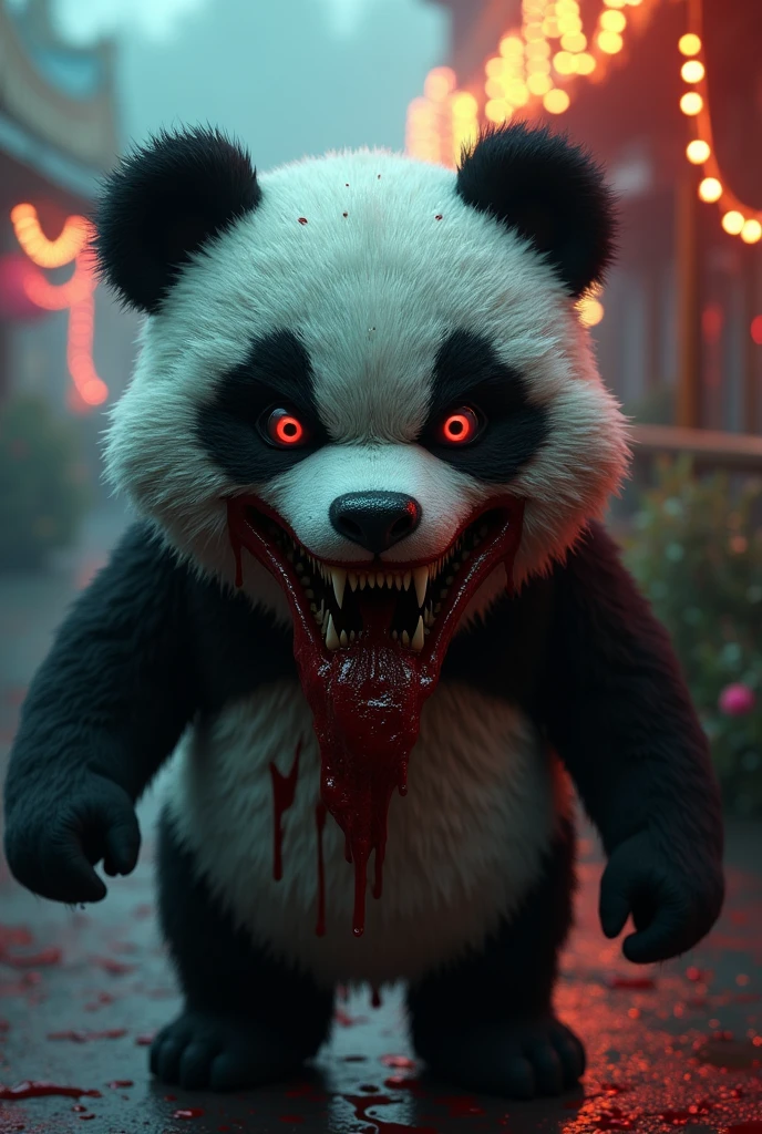 Mascotte panda qui fait peur attractions avec des tâches de sang partout autour de la bouche