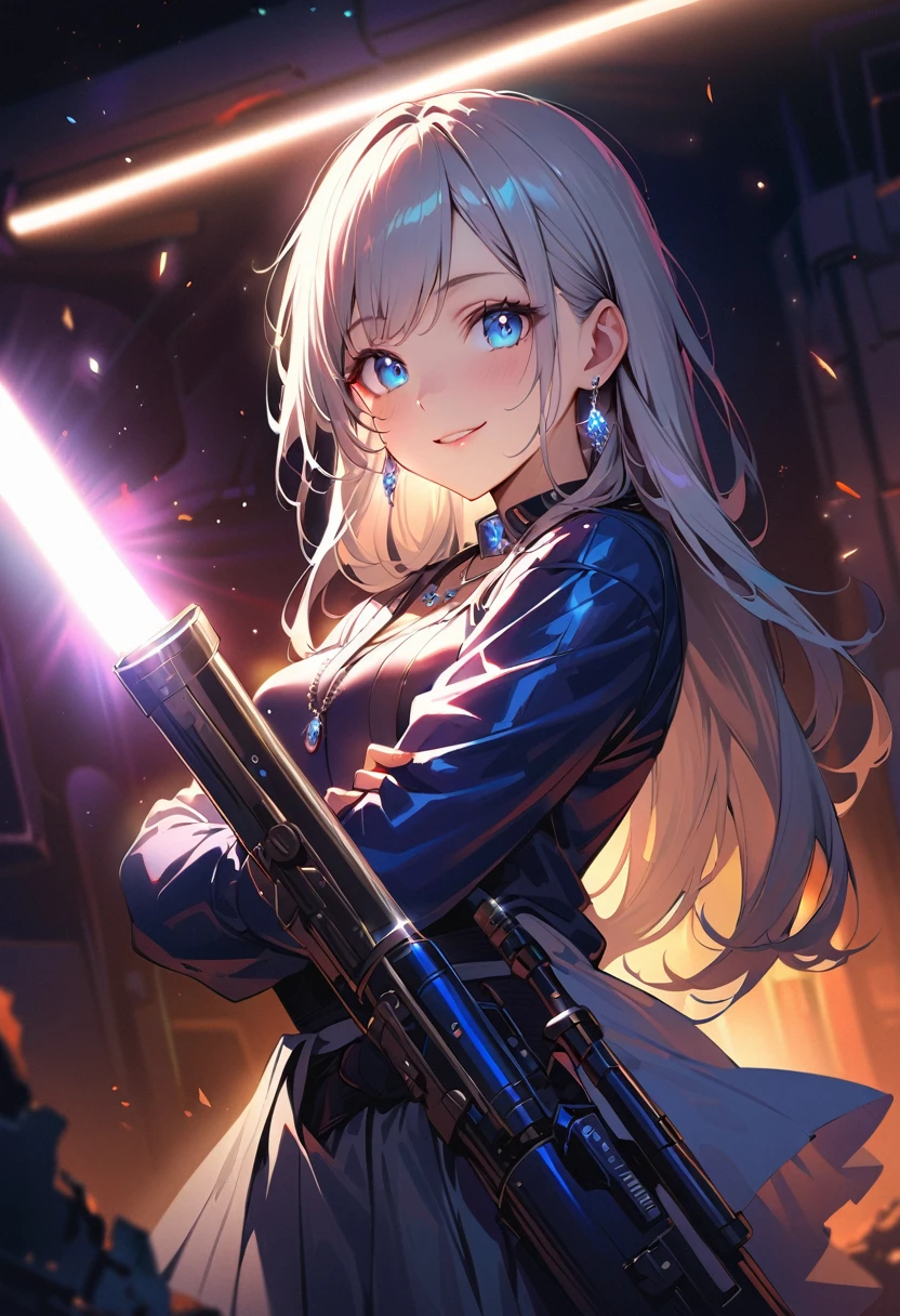 masterpiece, Highest quality, (((Ruined battlefield)))、(((Smile invincibly)))、Raising awareness, Sax Blue, プラチナEarrings, Platinum Necklace, Black combat suit,Carrying a weapon, One Girl, cute, (Dynamic Lighting:1.2), Cinema Lighting, Delicate facial features, Detailed eyes, Sharp pupils, Realistic student, Written boundary depth, ボケ Written boundary depth, Sharp focus, (Very detailed, bloom, Shine:1.4), Lots of little gems, (((long_hair))), Twin tails、Earrings、分けた前hair、銀hair、whole body、Ultra close-up footage、The top is transparent up to the chest.、See-through design。The bottoms are a very short navy blue pleated skirt.、Fits snugly around the waist。The background is simple white.、this、The text is easier to see.。The light source is a soft light from the front....、The overall atmosphere is bright and clean....。