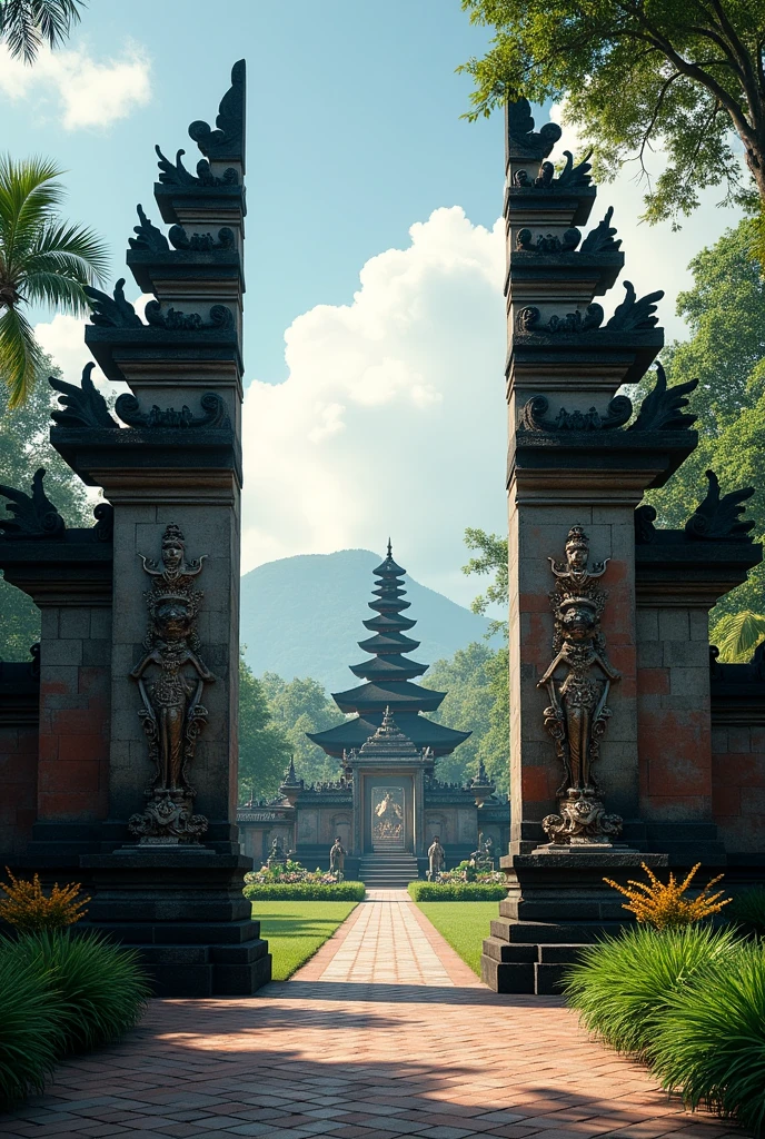 Landscape banner size image for theater performance, Balinese gate theme, with view of Javanese temple kingdom.