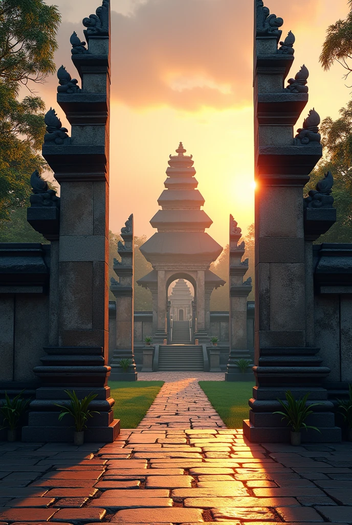 Landscape banner size image for theater performance, Balinese gate theme, with view of Javanese temple kingdom.