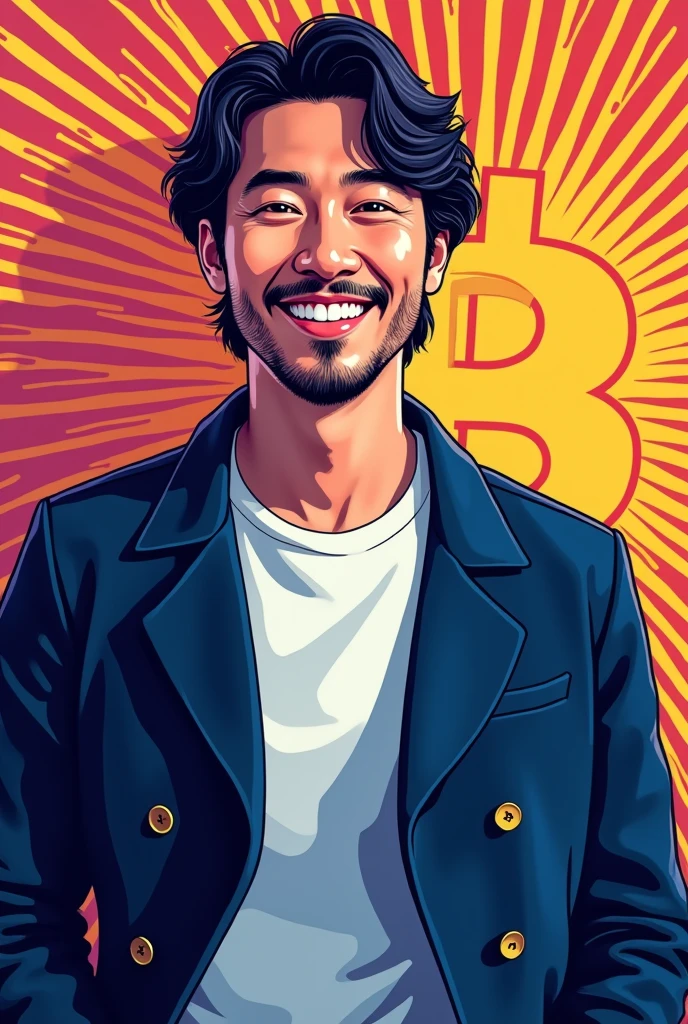 (masterpiece, Highest quality:1.1),Pop Art,Flat Color, Man in Black, A man wearing a navy blue double-breasted jacket,The jacket is buttoned,Her hair is semi-long and center-parted.,Bitcoin background, Dynamic Angle,35-year-old male,Japanese men,A white T-shirt underneath the jacket,smile,White teeth visible,The beard is shaved,