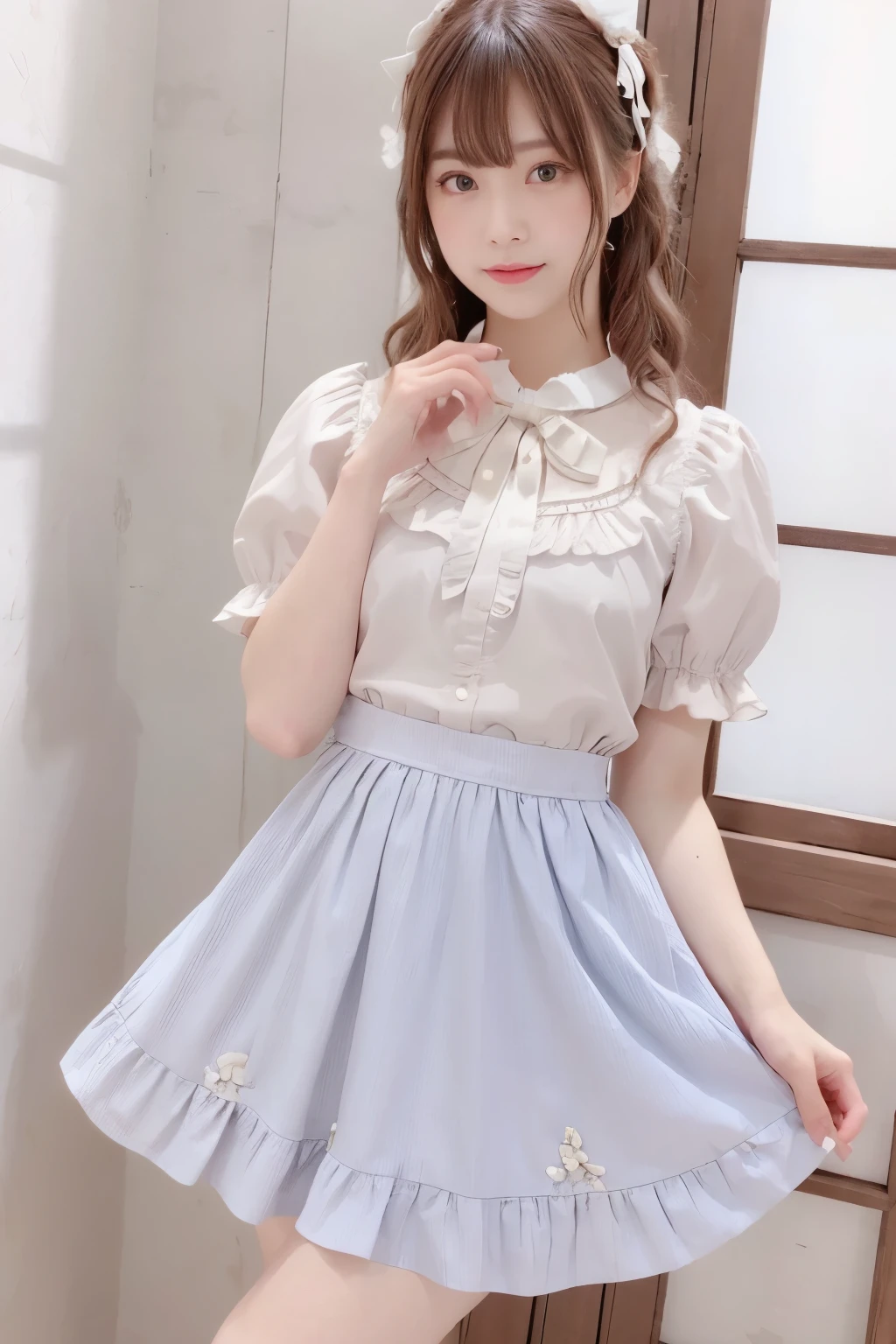 (indoor), (Window), (masterpiece), (最high quality), (Very detailedな), (Best Shadow), (photoRealistic:1.4), Frilled blouse, skirt, white ankle socks, high quality, masterpiece, Very detailedな, High resolution, 4K, 超High resolution, Detailed Shadows, Ultra-realistic, Dramatic lighting, One Girl, alone, Detailed face, Realistic eyes, Realistic Skin, Dynamic Hair, Dynamic pose, Dynamic Angle, White floral dress, White Background, Urzan-6500-v1.1, (RAW Photos:1.2), ( Realistic:1.4), Beautiful detailed girl, Very detailed eyes and face, Beautiful attention to detail, Ridiculous, incredibly Ridiculous, Large file size, Very detailedな, High resolution, Very detailed, 最high quality, (Bright interior), (Soft Light), (Low contrast), (Shallow depth of field), (portrait of a beautiful woman illuminated by gentle light), (Very delicate and elegant depiction), (Short bangs), (Hair color is dark chestnut with a slight brown tinge), (Hair with subtle and gentle waves), (Decorated with thin ribbons), ( White blouse with small frills), (bow tie), (青いロングskirt), (White short ankle socks), shape, Very detailed, CG, Unified, 8k wallpaper, wonderful, Finer details, 最high quality, Very detailed CG Unified 8k wallpaper, Face Light, Cinema Lighting,